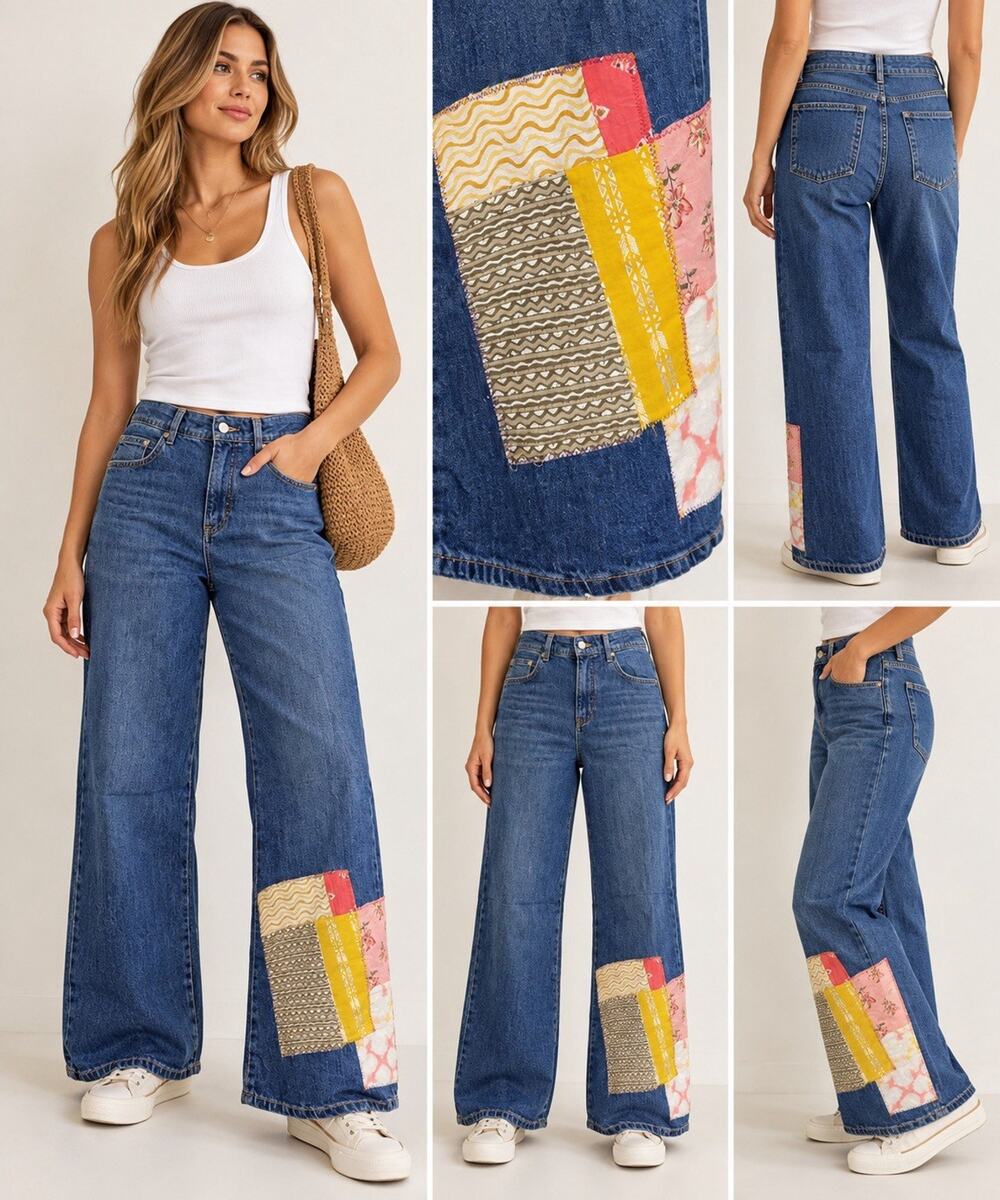 Pilcro Anthropologie Patchwork Wide Leg Jeans 27R Boho Artsy 100% Cotton